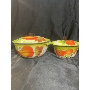 2 VTG French Enamel Bowls W/Lids Fruit Vines Boho 1950's 8" & 6.5" (2309)‎